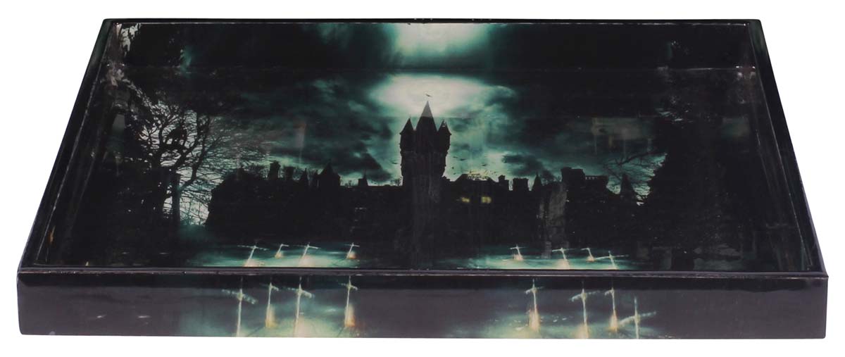 Buy in Bulk Wholesale Serving Tray in MDF - Black - 10” Hand-Crafted Decorative Tray with ‘Mysterious Halloween Castle’ Pattern - Classic Serve-Ware/Decor/Gifts from India